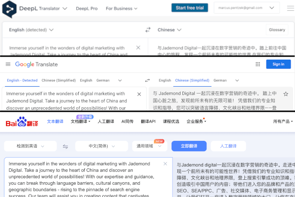 Google, Baidu, Bing or Deepl Translation to Chinese?