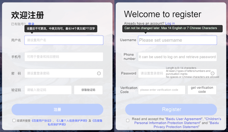 English translation of the Baidu Registration form